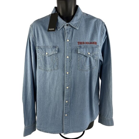 New True Religion Men's Sz Large Chambray Western Pearl Snap Shirt Blue NWT $99 - Picture 6 of 7
